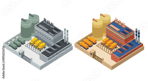 Isometric illustration of industrial buildings and delivery vehicles