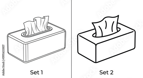 Simple black and white line drawings of tissue boxes presented in two sets