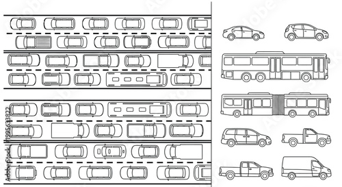 Overhead view of various vehicle types in a schematic illustration