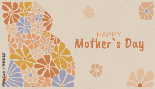 Happy Mother's Day greeting card with pregnant woman silhouette made of flowers in retro groovy style