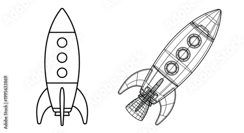 Wireframe illustration of two retro style rockets with circular windows