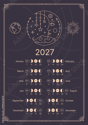 Astrological calendar for the year 2027. Lunar monthly cycle planner. Astrological lunar phases schedule. Lunar calendar isolated on a dark blue background, vector illustration
