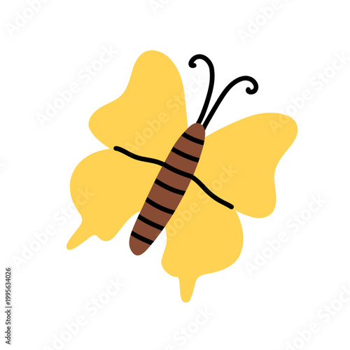 Vector cute yellow butterfly clipart with simple rounded wings. Bright playful insect illustration for kids design, sticker, icon, poster, nursery decor, spring and summer nature projects.