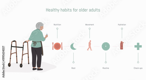 Healthy habits infographic for seniors: wellness, nutrition and active aging factors.