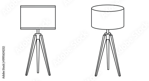 Two minimalist lamp designs with tripod bases are illustrated in black