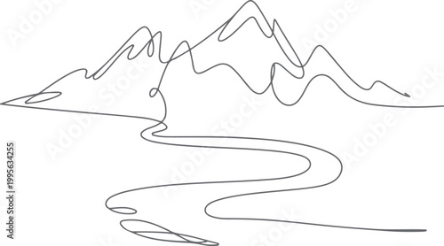 Black and white line of a mountain landscape with jagged peaks and flowing rivers line mountain landscape