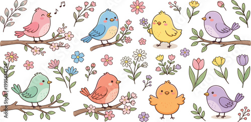 Cute cartoon spring birds collection with cherry blossom branches and colorful wild flowers for nursery wall art and greeting card design