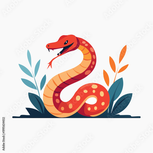 Stylized Red Snake Illustration with Leaves