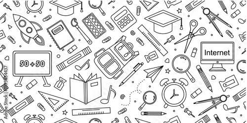 School supplies seamless pattern. School attributes seamless pattern. Student accessories repeat background. Back to school banner. Education doodle pattern background.