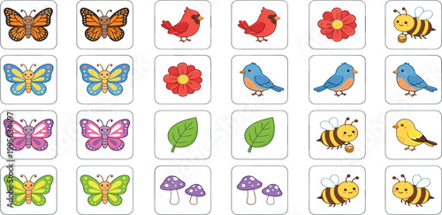 Cute collection of cartoon nature icons featuring colorful butterflies birds bees flowers leaves and mushrooms for children's design projects.