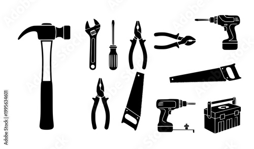 Black and white tools icon vector set with hammer wrench screwdriver and repair equipment silhouettes