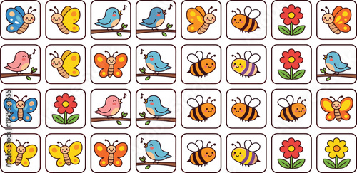Cute collection of cartoon spring icons featuring butterflies birds bees and flowers for children's design projects.