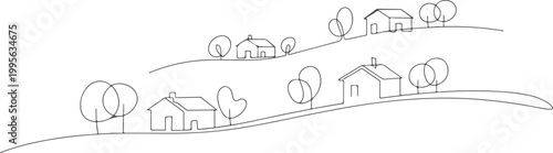 Hand-drawn of diverse people in a field with speech bubbles and a house
