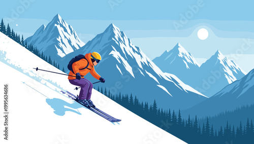 Skiing in the Mountains Vector Design for Winter Sports, Adventure, and Outdoor Activity Illustrations