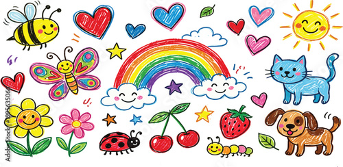 Cute hand drawn crayon doodle set with rainbow sun hearts butterfly bee cat dog and nature elements for kids nursery decoration
