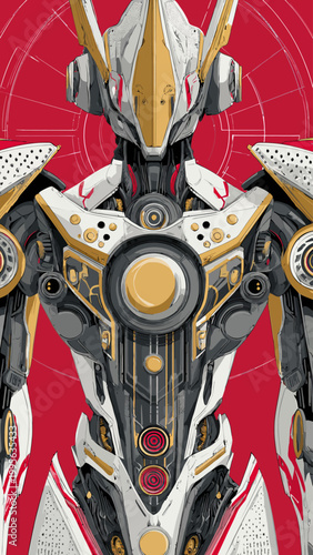 A futuristic robot with gold and white armor stands against a red background, showcasing its metallic body and Technology-driven design closely.