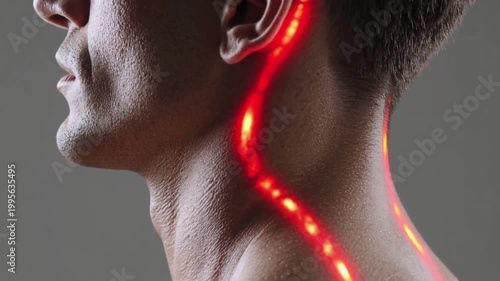 Man with highlighted neck pain, glowing spine line, muscle tension or nerve pain concept, medical visualization, posture problem, healthcare illustration