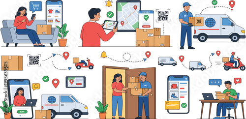 E-commerce logistics and online delivery service concept showing mobile shopping, package tracking, and courier parcel delivery at home