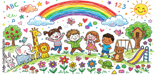 Hand drawn crayon style kids playing outdoors with animals rainbow sun and playground elements for kindergarten nursery education background
