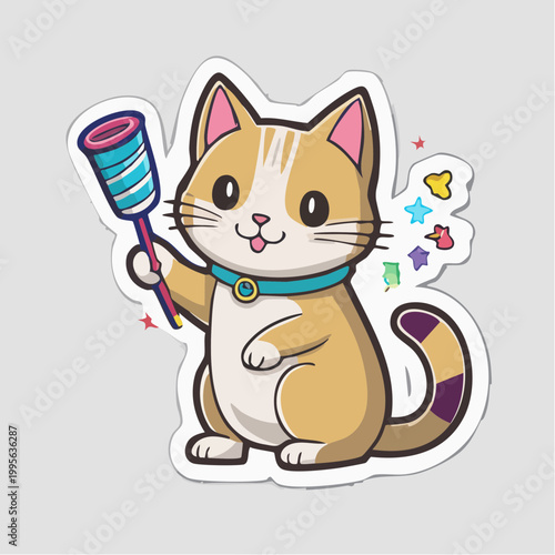 Cute cartoon cat holding a party popper with confetti
