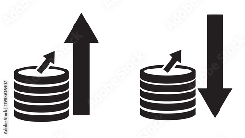 Financial growth and decline concept with stacked coins and up and down arrows illustrating investment trends, savings, and economic indicators.