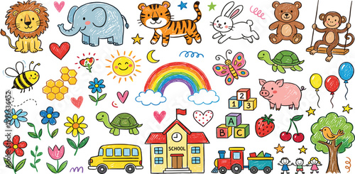 Hand drawn doodle style nursery collection with cute animals school building rainbow and nature elements for kids education and decoration