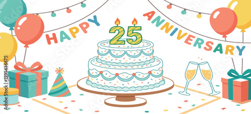 Happy 25th anniversary celebration background illustration with tiered cake party balloons gifts and champagne toast for party invitation