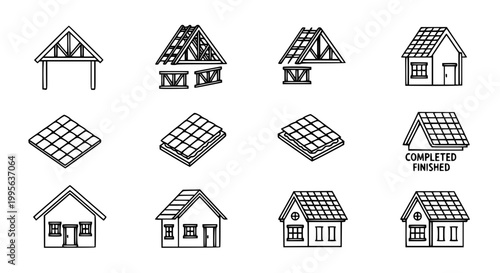 Solar Panel Rooftop Installation Icon Set with House Roof Array and Flat Panel Views in Clean Outline Style for Energy Design