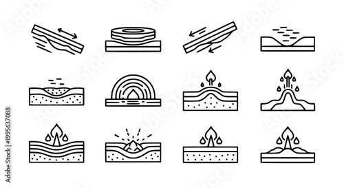Geological Layer and Formation Icon Set with Sediment Magma Seismic Rainbow Arch and Heat in Clean Outline Style for Science