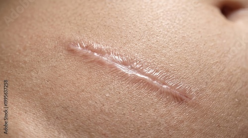 Close-up of a scar on human skin, texture, and healing process