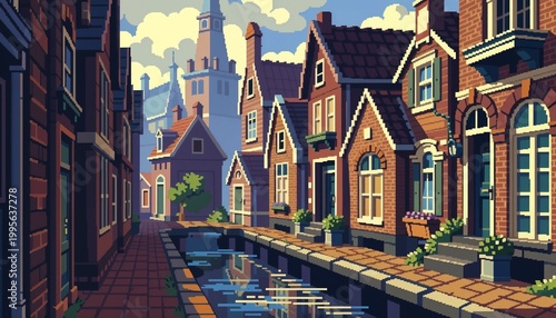Pixel art of a charming Danish street with colorful houses and a peaceful canal
