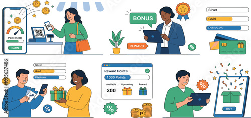 Loyalty program and reward points collection with mobile app shopping and customer status tier vector illustration