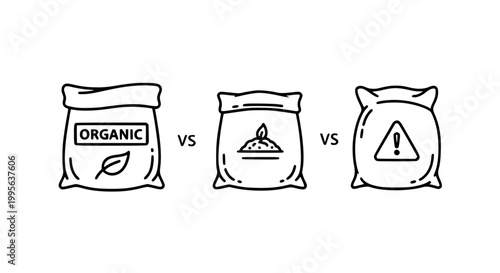 Organic Grain and Storage Bag Comparison Icon Set with Versus Labels in Clean Outline Style for Food and Agriculture