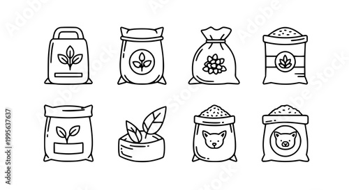 Agricultural Food and Grain Storage Bag Icon Set with Seed Sack Herbs and Animal Feed in Clean Outline Style