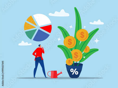 Businessman profit to invest  finance, income with finish watering growing money plant seedling with coin flower. vector illustration