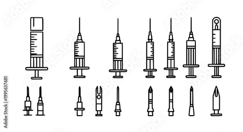 Medical Syringe and Needle Icon Set with Full Half and Empty Variants in Clean Outline Style for Healthcare Design