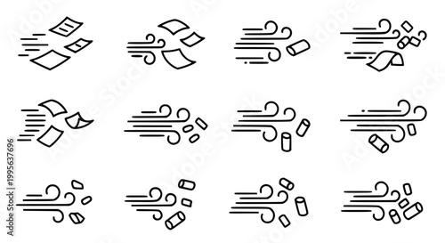 Wind Blowing Medicine Capsule and Particle Icon Set in Clean Outline Style for Healthcare and Pharmacy Design