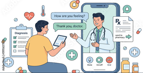 Patient having a virtual video consultation with a doctor using a smartphone for telehealth and digital medical diagnosis services