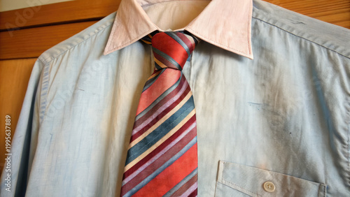 Vintage black and white photo of news anchor concept. A close-up of a collar and tie on a shirt with visible wrinkles.