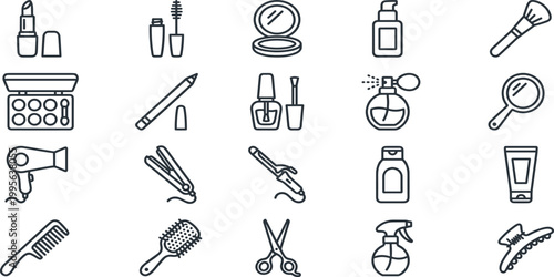 Set of beauty, makeup, cosmetics, hair care, and salon equipment outline icons for digital design and branding projects