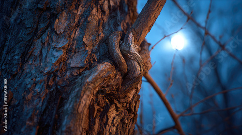 Lonely tree beneath glowing full moon concept. A close-up of a tree bark intertwined with branches under moonlight.
