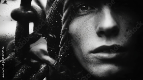 Vintage black and white photo of news anchor concept. A close-up portrait revealing emotion through shadows and light.