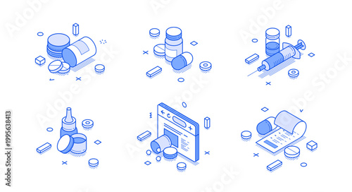 Isometric vector illustration of pharmacy and medicine icons. A set of symbols including pills, capsules, and a syringe for healthcare, treatment, and online drug store concepts. Blue line art style
