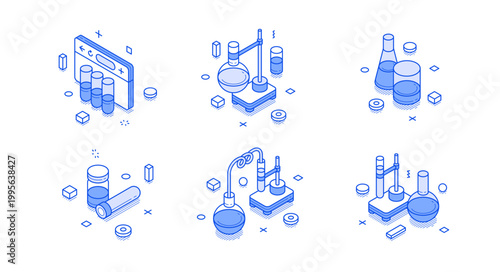 Isometric vector illustration of science lab icons. Chemical glassware set with flasks, beakers, test tubes for research and experiments. Blue line art for scientific and medical concepts
