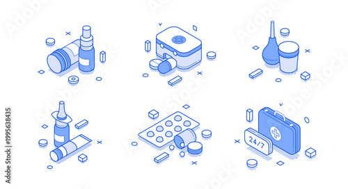 Isometric vector illustration of first aid and medical icons. A set of symbols for emergency healthcare, pharmacy services, and treatment, including pills, spray, and a medical kit