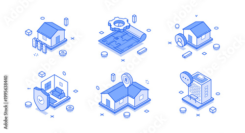 Isometric vector illustration of real estate concepts. House, blueprint, and location symbols for property services. Blue line art for construction, mortgage, and home insurance design