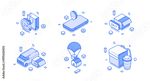 Isometric vector illustration of delivery service concepts. Shipping, logistics, and e-commerce symbols for web and mobile apps. Blue line art for online shopping and fast courier design