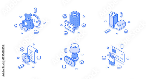 Online shopping symbols in an isometric vector illustration style. Icons for e-commerce, retail, customer reviews, and payment methods. Blue line art for web and mobile app design