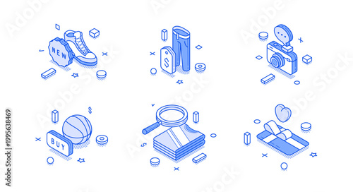 Isometric vector illustration of online shopping and retail concepts. Icons for e-commerce, fashion, and consumer goods. Blue line art for web stores, marketing, and sale promotion designs