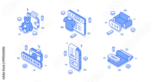 Isometric vector illustration of online shopping and e-commerce concepts. Icons for consumer products, retail, and mobile commerce. Blue line art for web stores and marketing